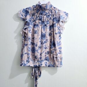 Pink and Blue Floral High Neck Sheer Lined Ruffle Top w/Tie Back Detail size S